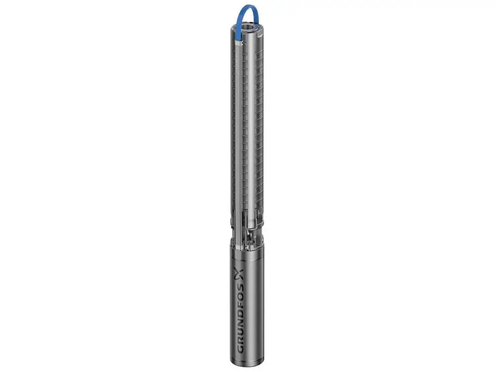 Grundfos Unterwasserpumpe in schlanker, zylindrischer Form, aus Edelstahl, mit Anschlusskabel und klarer Skala entlang der Oberfläche.